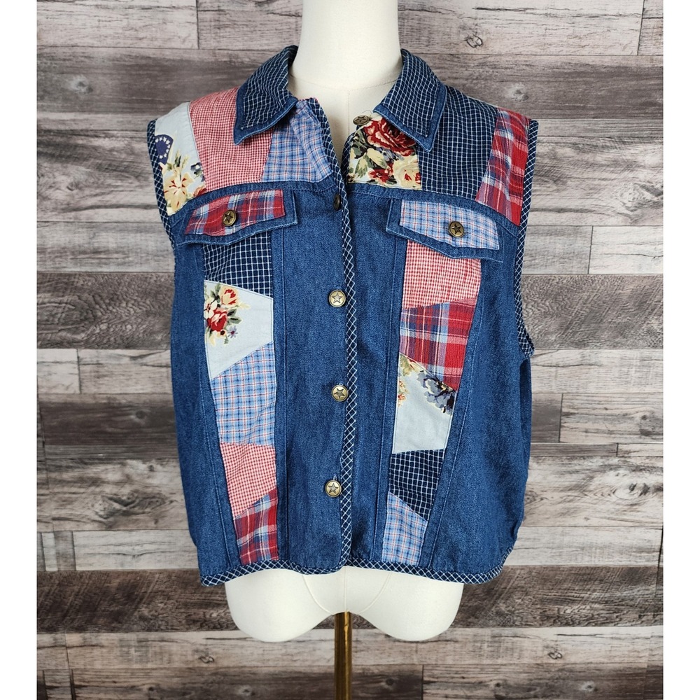 Koret City Blues Vintage Patchwork Denim Vest Floral Plaid Gingham XL Cottage